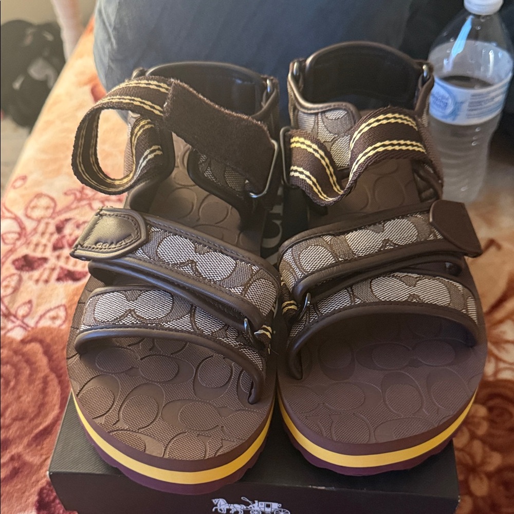 Coach Brown Signature Logo Strap Sandals with Yellow Accent